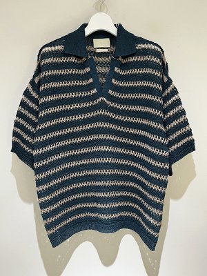 画像1: YOKE（ヨーク） Border Mesh Knit Skipper Polo Shirt（ボーダーメッシュニット スキッパーポロシャツ） ピーコックグリーン